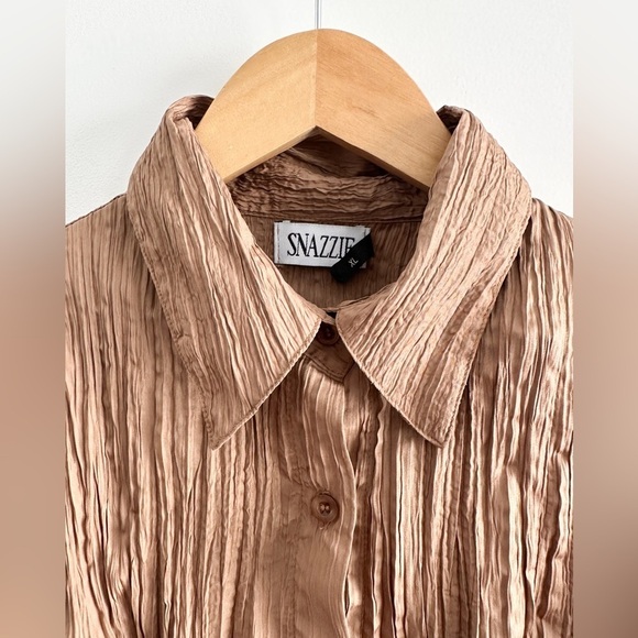 Vintage “Snazzie” Bronze Long Sleeve Button down Crinkle Top - Size XL - Picture 3 of 8